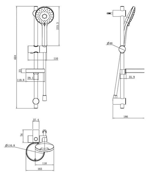 Set de duș Villeroy&Boch, Universal Showers, cu bară, portsăpun, pară duș și furtun, negru mat