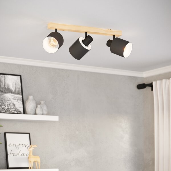 EGLO Spot de plafon Batallas, lungime 48 cm, negru/lemn, 3 lumini., reglabil, Lemn, Camera de zi / sufragerie, Lemn, Modern