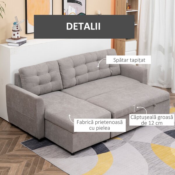 Canapea Extensibila pe Colt cu 3 Locuri si Compartiment de Depozitare, Tapiterie Efect In, Spatar cu perne 217x134x85cm, Gri HOMCOM | Aosom Romania