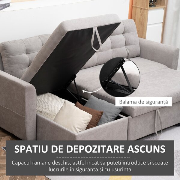 Canapea Extensibila pe Colt cu 3 Locuri si Compartiment de Depozitare, Tapiterie Efect In, Spatar cu perne 217x134x85cm, Gri HOMCOM | Aosom Romania