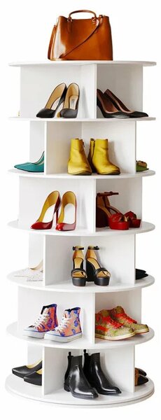 Raft rotativ pentru pantofi, 6 nivele, alb – Design modern din lemn și plastic