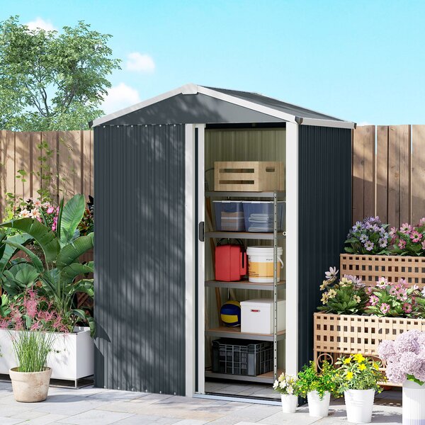 Outsunny Magazie de Grădină 1,1m² din Oțel Galvanizat, Magazie de Grădină cu Ușă Glisantă Blocabilă, Acoperiș Înclinat, Mănuși, Magazie pentru Unelte, 136x87x179 cm, Gri Închis | Aosom Romania