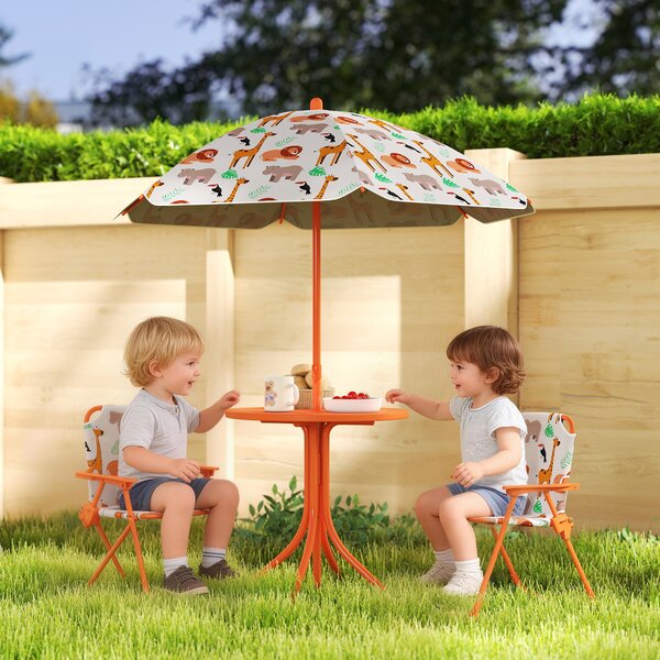 AIYAPLAY Set de Grădină pentru Copii, Masă și Scaune cu Umbrelă, Masă de Picnic pentru Exterior cu 2 Scaune Pliabile pentru Copii de 2-5 Ani, Portocaliu | Aosom Romania