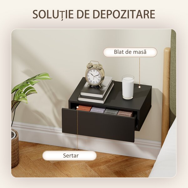 HOMCOM Set de 2 Noptiere Suspendate cu Sertar, 40x30x15 cm, Negru | Aosom Romania