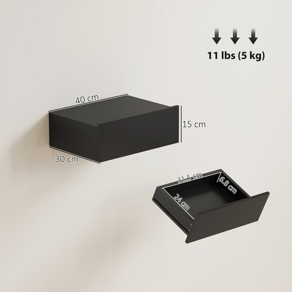 HOMCOM Set de 2 Noptiere Suspendate cu Sertar, 40x30x15 cm, Negru | Aosom Romania