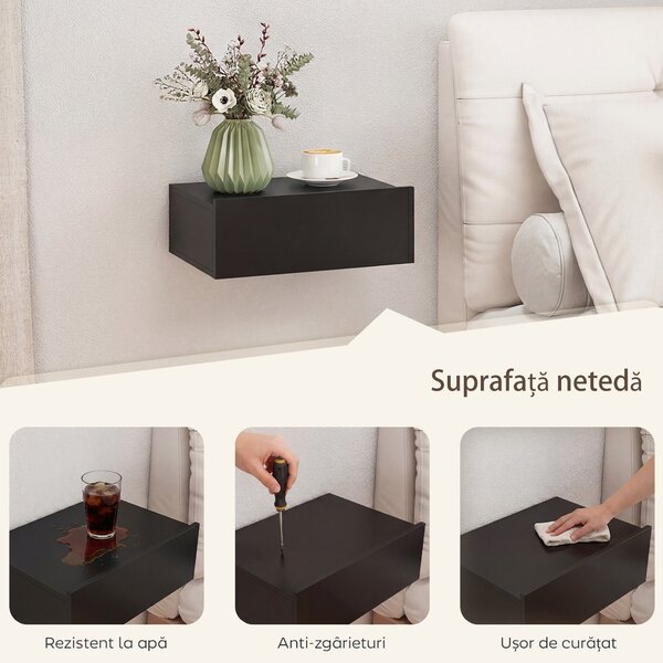HOMCOM Set de 2 Noptiere Suspendate cu Sertar, 40x30x15 cm, Negru | Aosom Romania