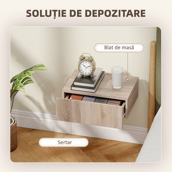 HOMCOM Set de 2 Noptiere Suspendate cu Sertar, Pereche de Noptiere Moderne din Lemn, Mese Laterale pentru Canapea, Living și Dormitor, 40x30x15 cm, Stejar | Aosom Romania