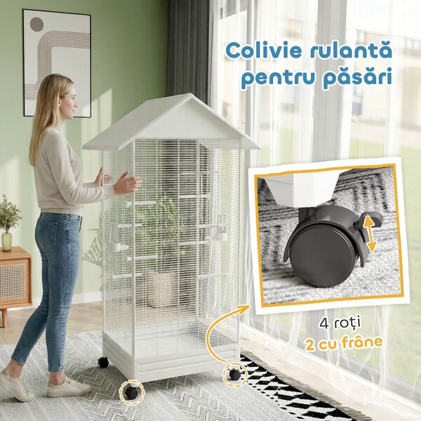 PawHut Colivie pentru Păsări cu Roți și Sertar Detașabil, Volieră din Oțel pentru Papagali, Canari, Perusi, Mare cu Stinghii, Acoperiș și Hrănitoare, Interior Exterior, 79x65x155cm, Alb | Aosom Romania
