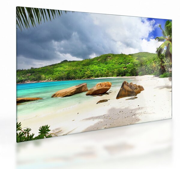 Tablou pe sticlă - Seychelles, plaja Takamaka (70x50 cm)