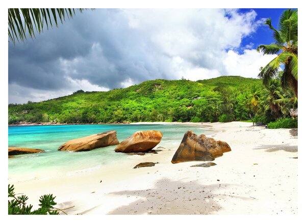 Tablou pe sticlă - Seychelles, plaja Takamaka (70x50 cm)