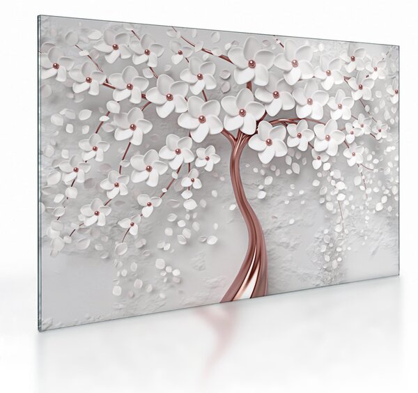 Tablou pe sticlă - Imaginea copacului alb cu flori albe, rosegold (70x50 cm)