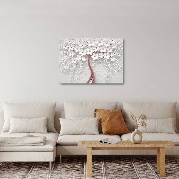 Tablou pe sticlă - Imaginea copacului alb cu flori albe, rosegold (70x50 cm)