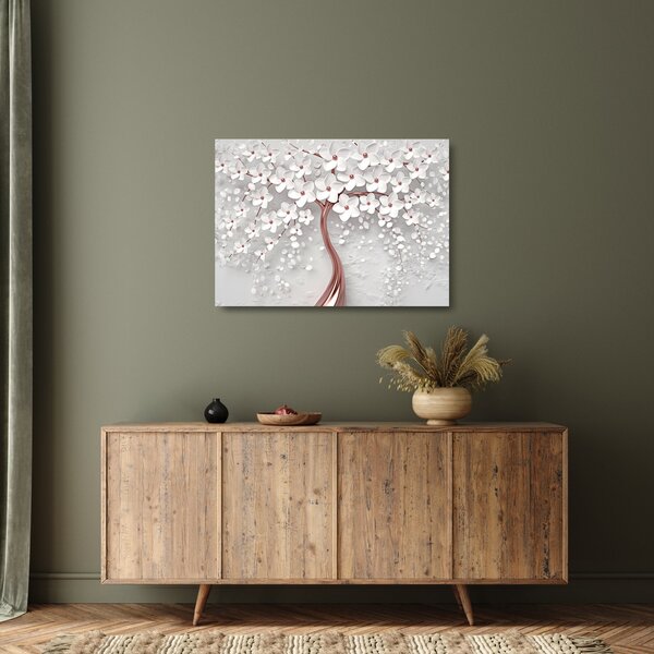 Tablou pe sticlă - Imaginea copacului alb cu flori albe, rosegold (70x50 cm)