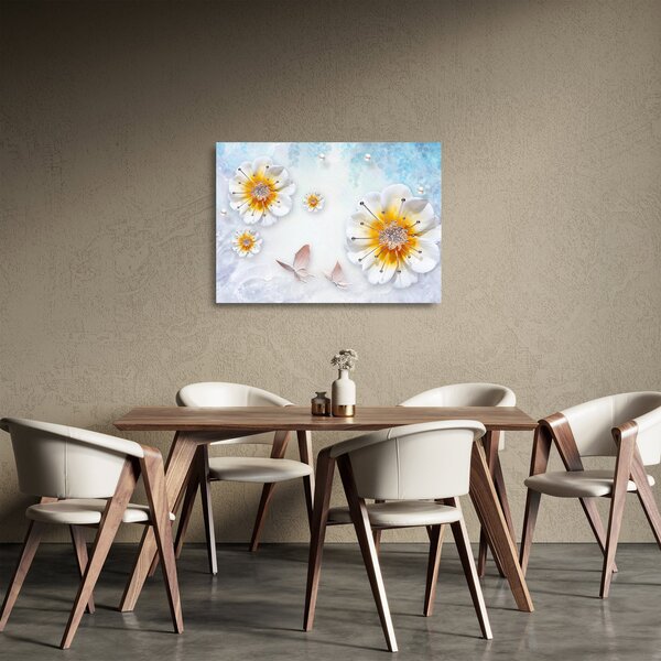 Tablou pe sticlă - Copoziția flori și fluturi (70x50 cm)