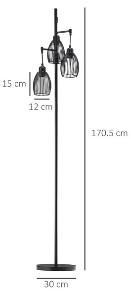 HOMCOM Lampadar Industrial cu 3 Abajururi și Intensitate Regulabilă, 30x30x170.5 cm, Negru | Aosom Romania