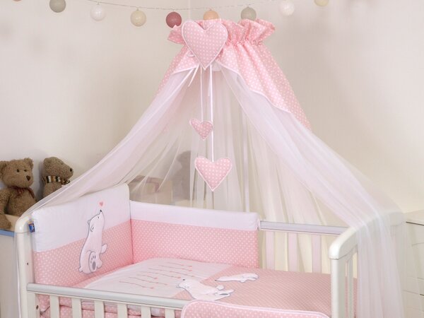 Baldachin din tul pentru patut bebe Bear Heart Roz 160 x 600 cm suport de prindere inclus