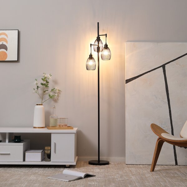 HOMCOM Lampadar Industrial cu 3 Abajururi și Intensitate Regulabilă, 30x30x170.5 cm, Negru | Aosom Romania