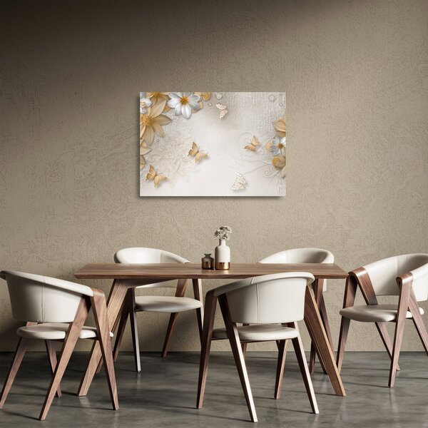 Tablou pe sticlă - Flori cu fluturi (70x50 cm)