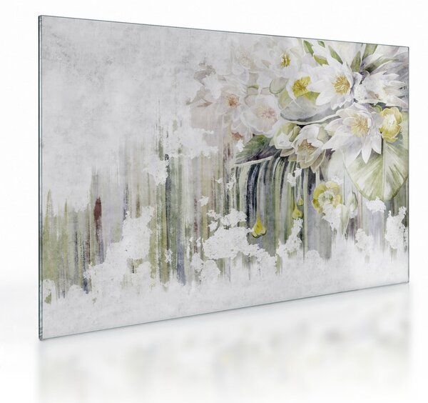 Tablou pe sticlă - Flori albe, vintage (70x50 cm)
