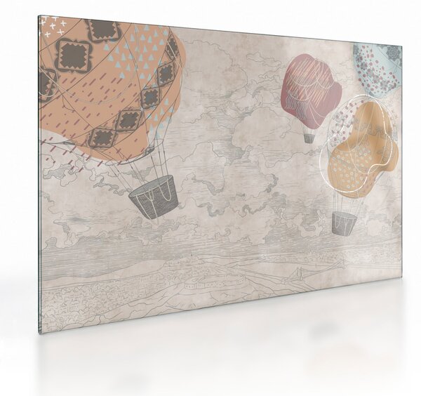 Tablou pe sticlă - Baloane deasupra orașului, nuanțe reci (70x50 cm)