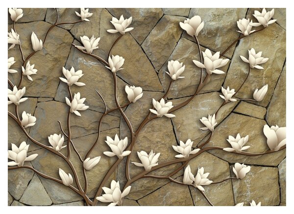 Tablou pe sticlă - Magnolii albe pe zidărie de piatră (70x50 cm)