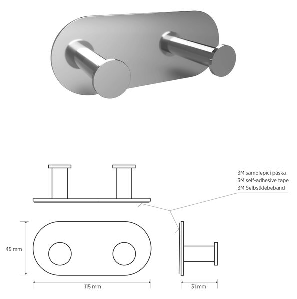 Sapho Sapho, cârlig dublu autoadeziv X-ROUND, oțel inoxidabil lustruit, XR220