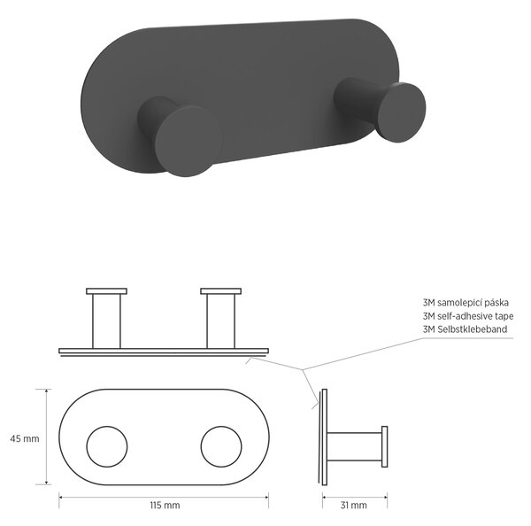 Sapho Sapho, cârlig dublu autoadeziv X-ROUND, negru mat, XR220B