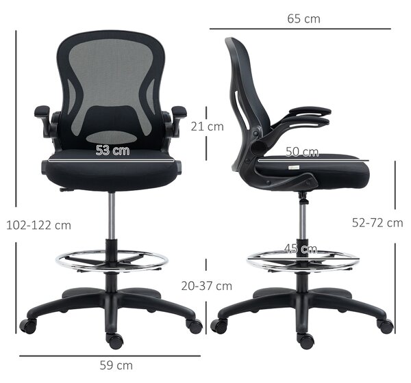 Vinsetto Scaun de Birou Ergonomic, Scaun Rotativ din Plasă, Reglabil pe Înălțime cu Suport pentru Picioare și Cotiere Rabatabile, Capacitate 120kg, Negru | Aosom Romania