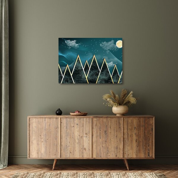 Tablou pe sticlă - Lună plină deasupra munțiilor aurii (70x50 cm)