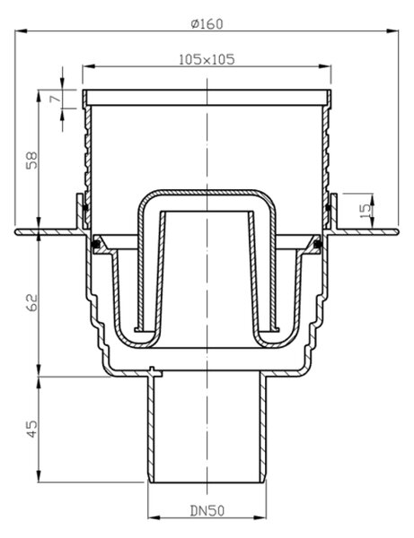Bruckner Bruckner, Sifon de pardoseală 105x105 drept, DN50, oțel inoxidabil lustruit, 183.020.0