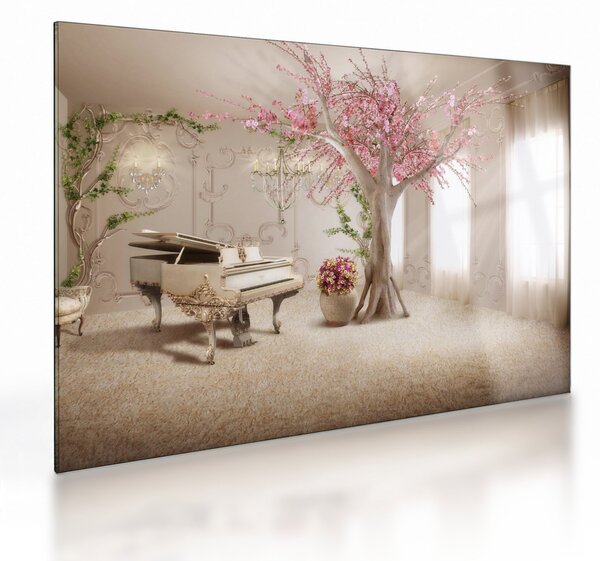 Tablou pe sticlă - Interior de vis cu pian (70x50 cm)