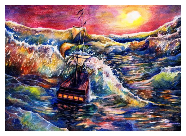 Tablou pe sticlă - Navă pe valurile oceanului, aquarelă (70x50 cm)