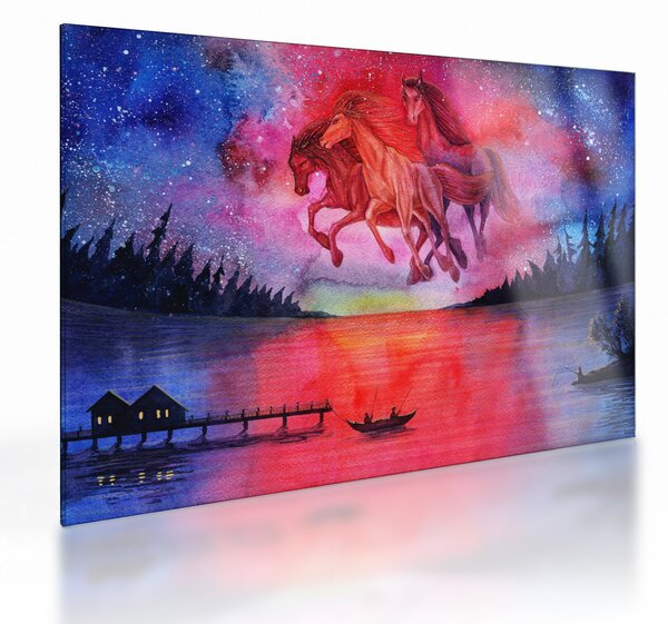 Tablou pe sticlă - Apariția cailor spațiali peste lac, acuarelă (70x50 cm)