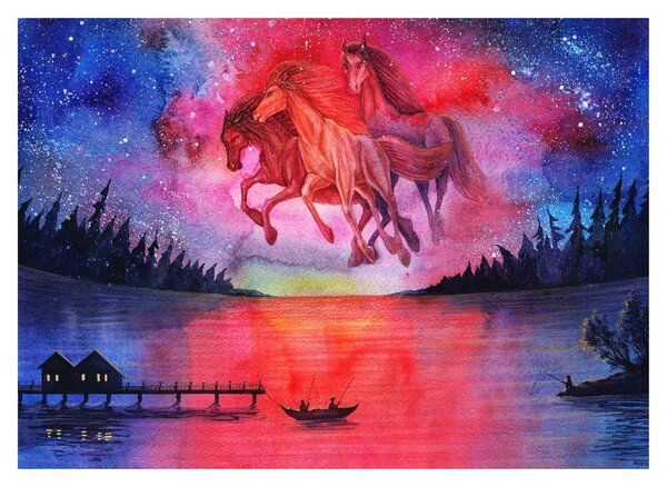 Tablou pe sticlă - Apariția cailor spațiali peste lac, acuarelă (70x50 cm)
