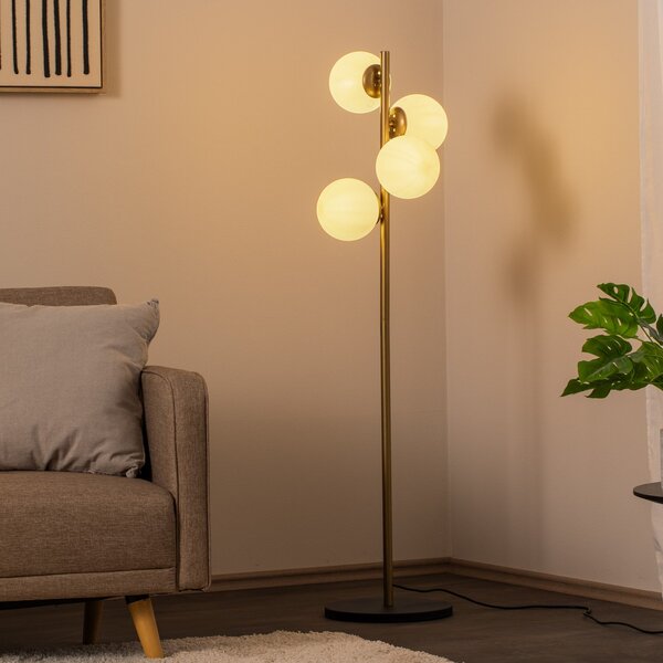 Opviq Lampadar Faze, auriu, sticlă, 130 cm, 4 becuri, E27, Auriu / Alamă, Camera de zi / sufragerie, Sticlă