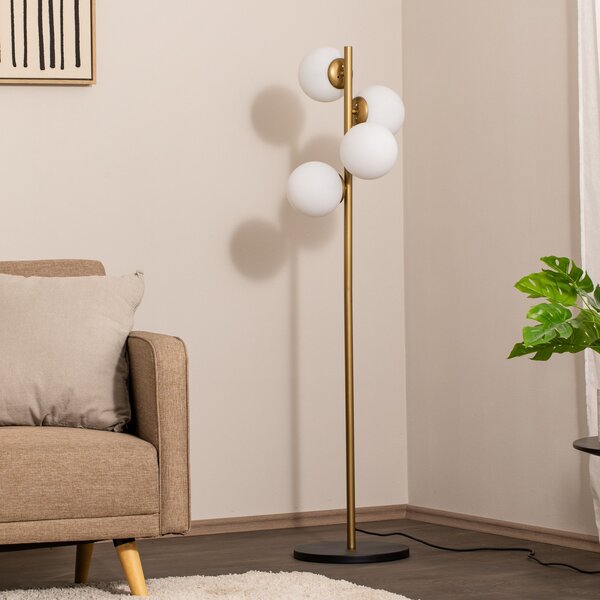 Opviq Lampadar Faze, auriu, sticlă, 130 cm, 4 becuri, E27, Auriu / Alamă, Camera de zi / sufragerie, Sticlă