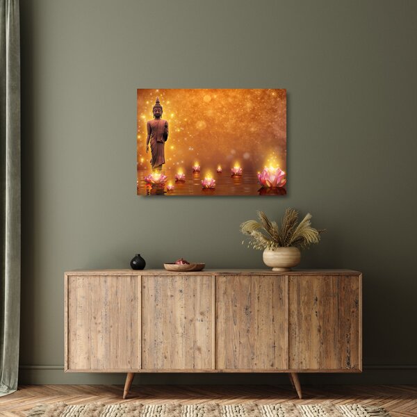 Tablou pe sticlă - Buddha în sclipici auriu (70x50 cm)