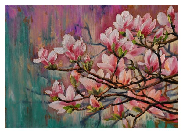 Tablou pe sticlă - Pictură în ulei, Sakura în floare (70x50 cm)