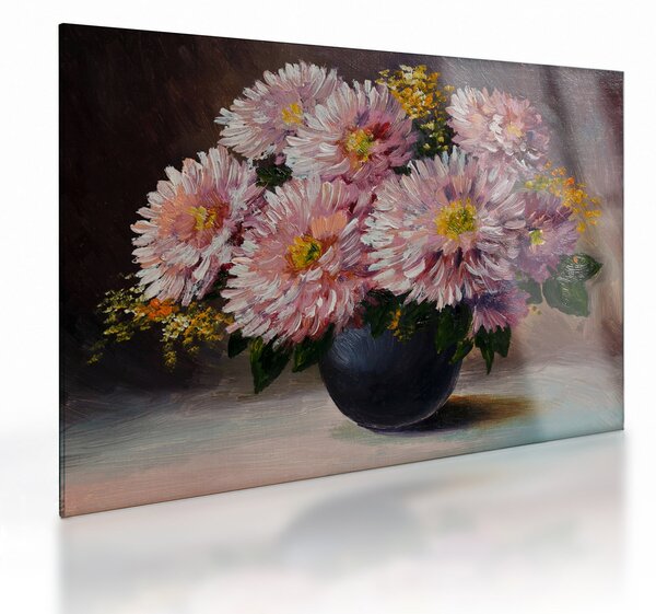 Tablou pe sticlă - Pictură în ulei, flori în vază (70x50 cm)