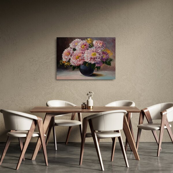 Tablou pe sticlă - Pictură în ulei, flori în vază (70x50 cm)