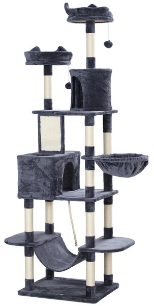 PawHut Ansamblu de Cățărat pentru Pisici, 206 cm, cu Stâlpi din Sisal, Căsuțe și Hamace, Gri Închis | Aosom Romania