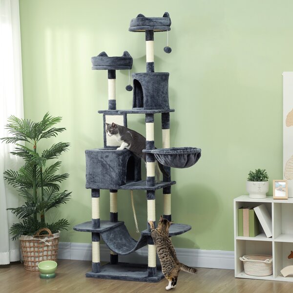 PawHut Ansamblu de Cățărat pentru Pisici, 206 cm, cu Stâlpi din Sisal, Căsuțe și Hamace, Gri Închis | Aosom Romania