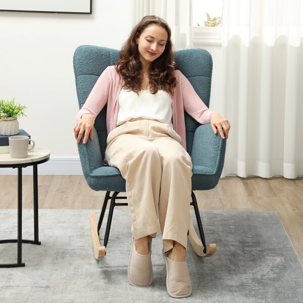 HOMCOM Fotoliu cu leagăn, formă ergonomică, leagăne din lemn solid, până la 120 kg, Albastru deschis | Aosom Romania