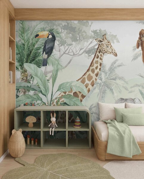 Tapet Jungla panorama cu animale, Fototapet Pentru Copii, Fototapet pentru camera unui băiat, u74709d1 : Uwalls.ro