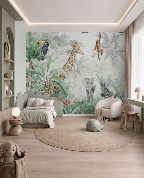 Tapet Jungla panorama cu animale, Fototapet Pentru Copii, Fototapet pentru camera unui băiat, u74709d1 : Uwalls.ro
