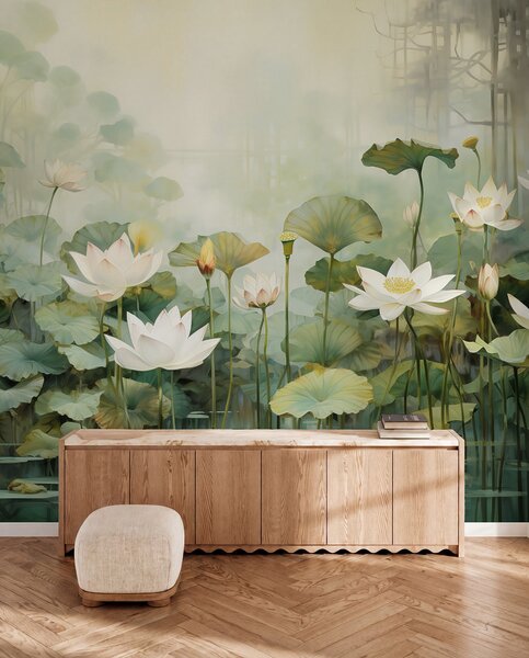 Tapet Flori de lotus în lac, junglă, artă tropicală, verdeață, Fototapet Flori, u99454 : Uwalls.ro