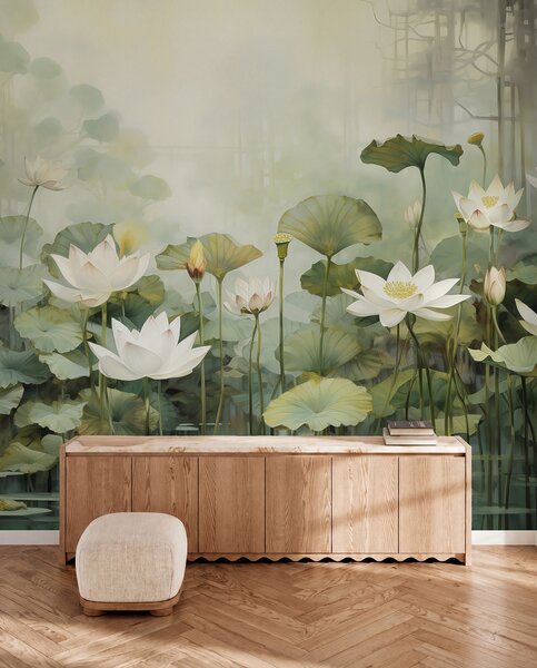 Tapet Flori de lotus în lac, junglă, artă tropicală, verdeață, Fototapet Flori, u99454d1 : Uwalls.ro