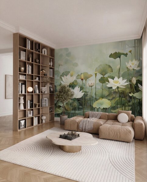 Tapet Flori de lotus în lac, junglă, artă tropicală, verdeață, Fototapet Flori, u99454d1 : Uwalls.ro