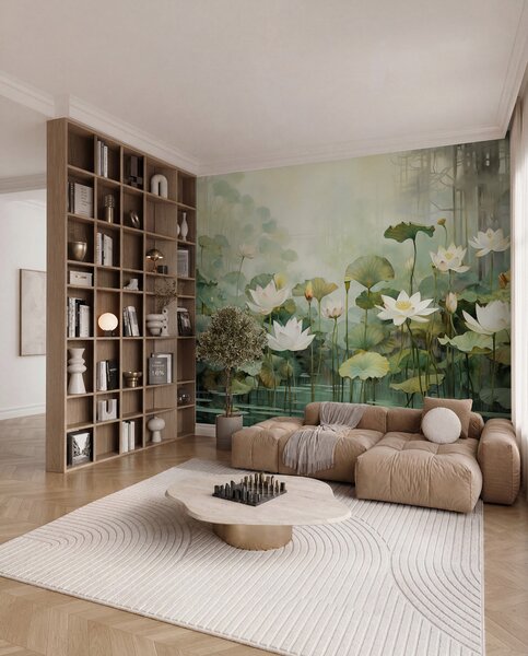 Tapet Flori de lotus în lac, junglă, artă tropicală, verdeață, Fototapet Flori, u99454 : Uwalls.ro