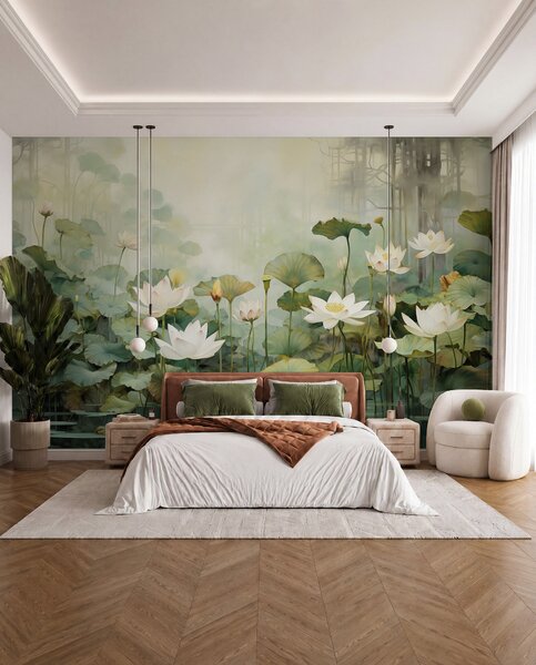Tapet Flori de lotus în lac, junglă, artă tropicală, verdeață, Fototapet Flori, u99454 : Uwalls.ro